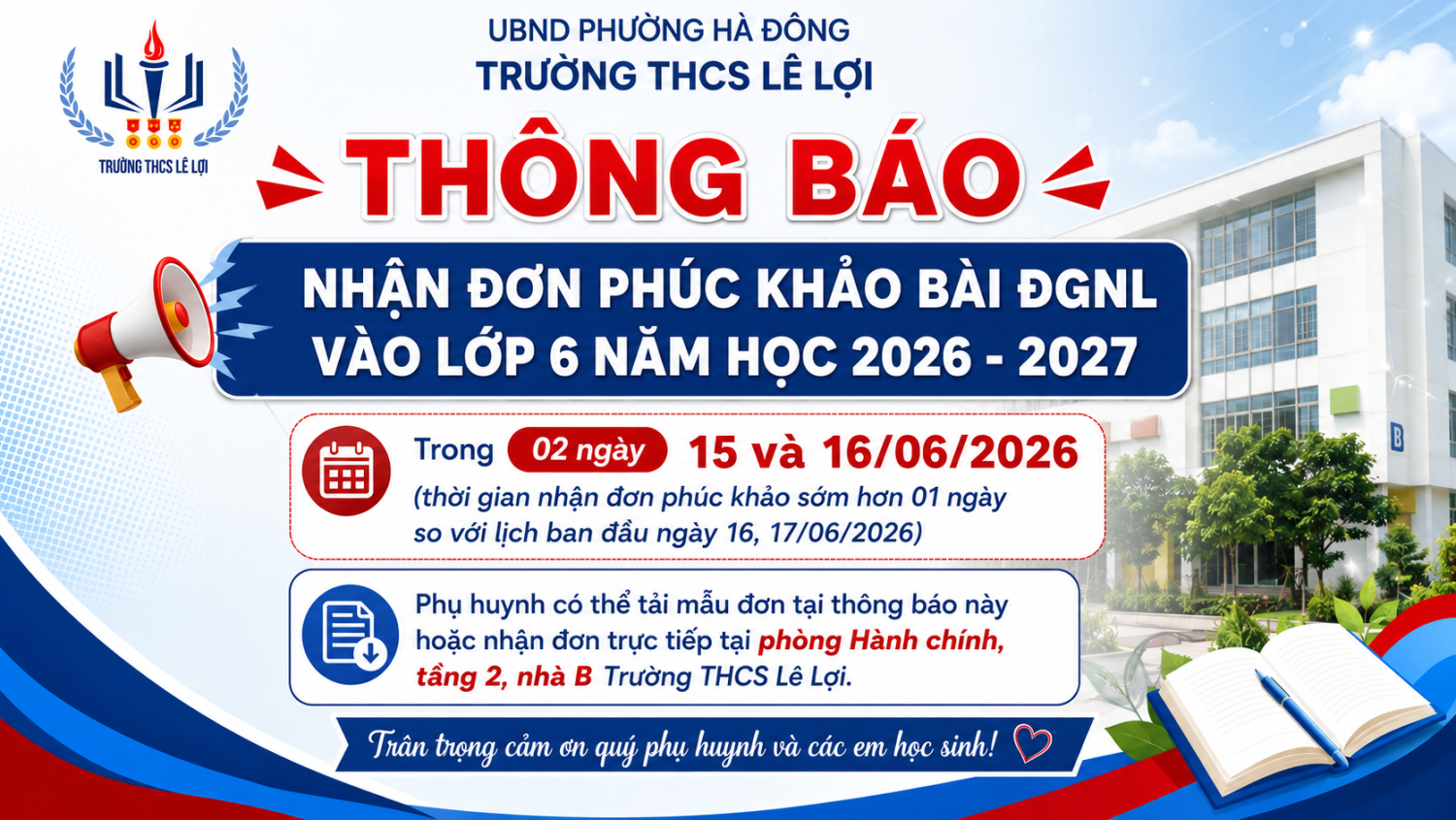 THÔNG BÁO VỀ VIỆC PHÚC KHẢO BÀI ĐGNL VÀO LỚP 6 NĂM HỌC 2026 - 2027