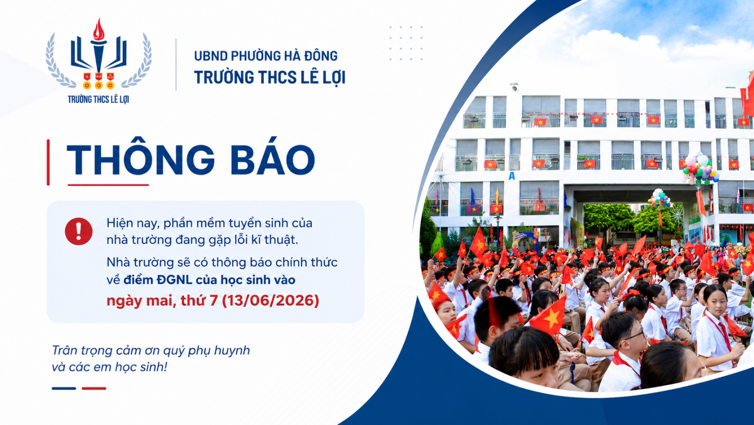 THÔNG BÁO TỪ BAN TUYỂN SINH VÀO LỚP 6 NĂM HỌC 2026-2027